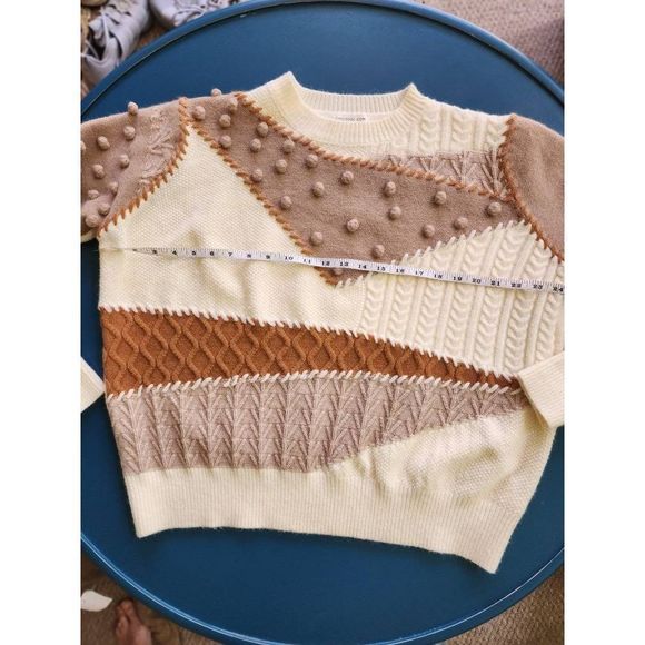 Women Khaki Colorblock Patchwork Pom Pom Knit Sweater Size XL fall oversized EUC - Picture 10 of 14